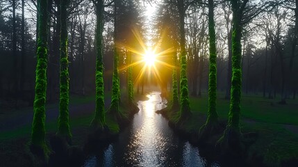 Sunrise over mossy canal for park.