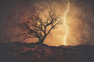 Fototapeta premium Silhouette of a bare tree against a stormy sky with a dramatic lightning strike illuminating the landscape.