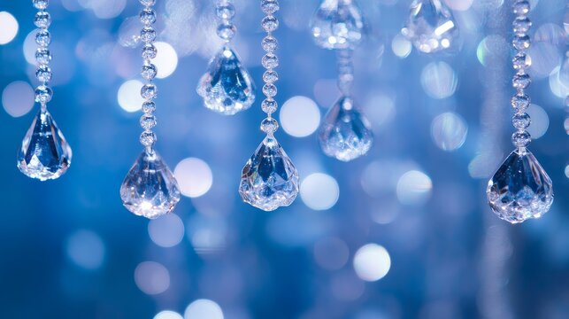 Glittering crystal beads in blue abstract background with soft focus bokeh