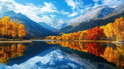 Vibrant autumn foliage surrounds a serene lake, with stunning reflections of mountains under a bright blue sky. The scene captures nature's beauty during fall