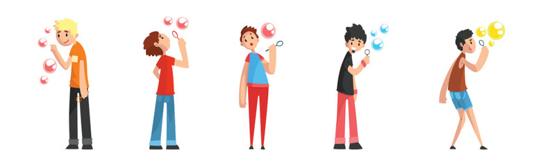 Children Playing with Colorful Soap Bubbles Vector Set