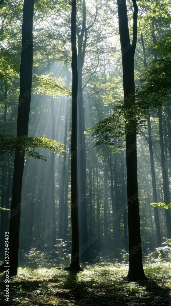 Poster tranquil forest scene featuring sunbeams filtering through tall trees creating a serene and mystical