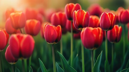 Fototapeta premium A field of red tulips stands tall, illuminated by warm sunlight during the golden hour. The petals glisten, creating a beautiful contrast with the green stems and leaves