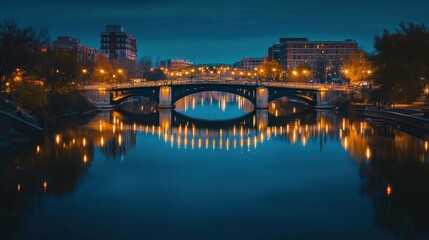 Fototapeta premium City lights illuminate the bridge and river during twilight, creating a serene and picturesque view. The tranquil water reflects the warm glow of lights and surrounding buildings