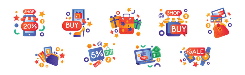 Fototapeta premium Shopping and Purchase Colorful Icon and Pictogram Vector Set