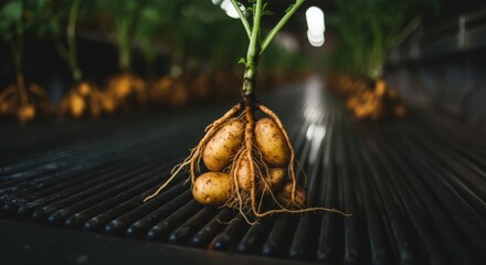 Freshly harvested potatoes with roots displayed in a dimly lit agricultural setting