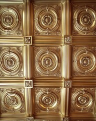 Fototapeta premium Ornate Golden Ceiling with Intricate Circular Medallions and Square Floral Accents in a Classic Style