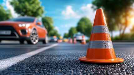 Traffic safety: orange cones and vehicles on urban street