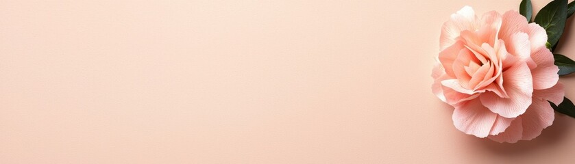 A delicate peach flower rests on a soft pink background, embodying elegance and tranquility.