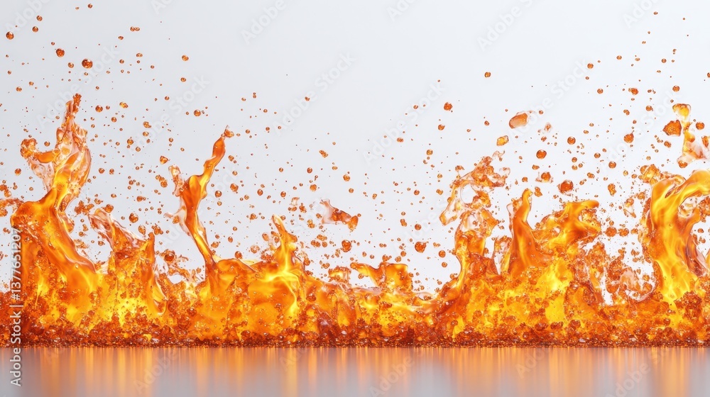 Poster dynamic orange liquid splash with vibrant droplets against a clean white background creating a fluid
