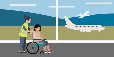 Airport staffer wearing a yellow high-visibility vest assisting girl who is seated in a wheelchair. Airport wheelchair assistance concept