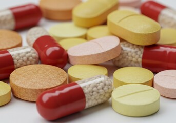 Colorful pills and tablets scattered background. AI Generated