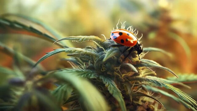 A vibrant ladybug crawls delicately on a cannabis flower, showcasing nature's intricate beauty in a serene, green setting.