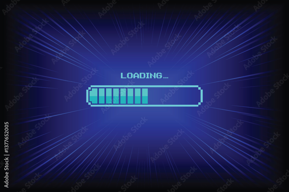 Poster loading bar. pixel art. 8 bit. retro game. retro futurism sci-fi background. glowing neon grid and s