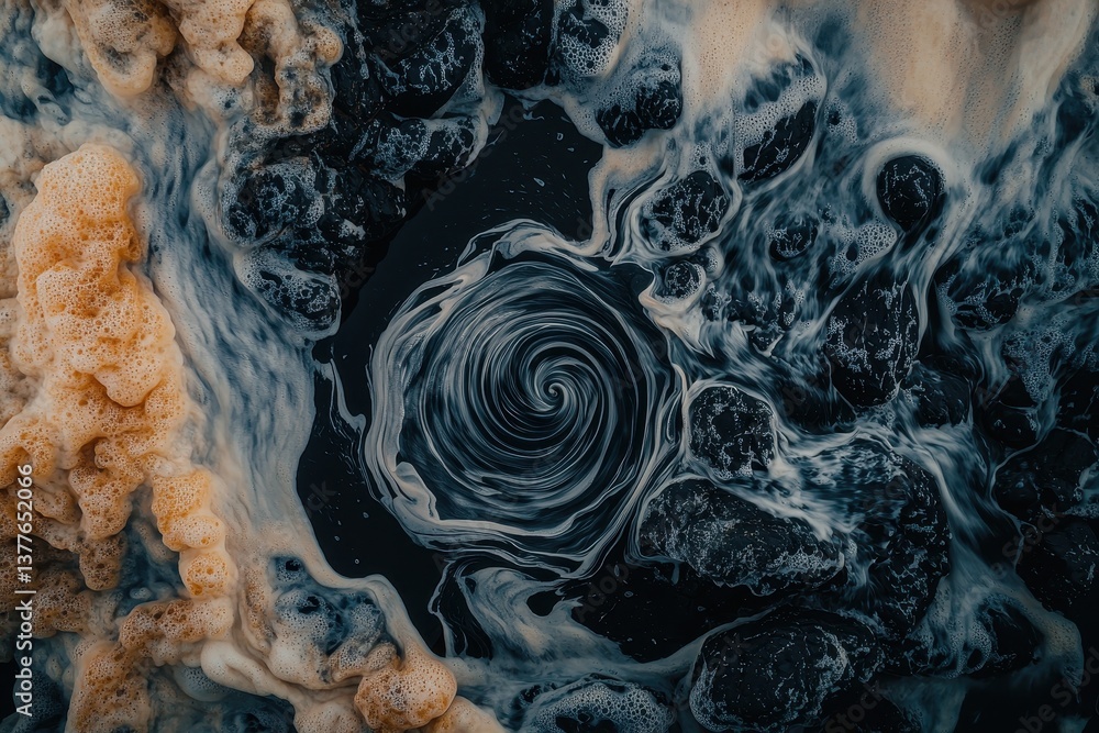 Poster a mesmerizing whirlpool of dark liquid with swirling patterns and foamy edges, creating an abstract 