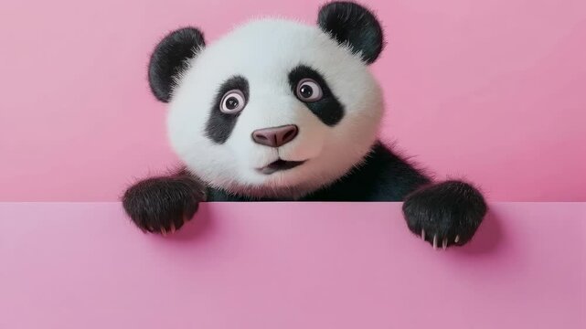 A cute, animated panda peeks over a pastel pink background with an adorable expression.
