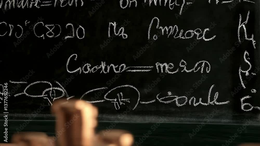 Aufkleber stacks of coins in a classroom setting with a chalkboard filled with mathematical equations in the b