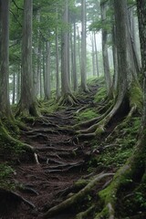 Obraz premium Ethereal Forest Path with Mossy Trees and Exposed Roots Leading into Misty Woods Tranquil Nature Scene