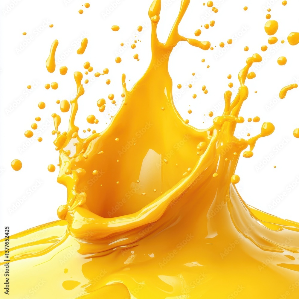 Poster vibrant splash of golden yellow liquid creating dynamic motion on white background for refreshing be