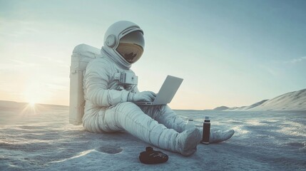Astronaut exploring remote desert landscape with laptop