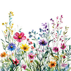 colorful bush lush watercolor wildflowers on transparent background