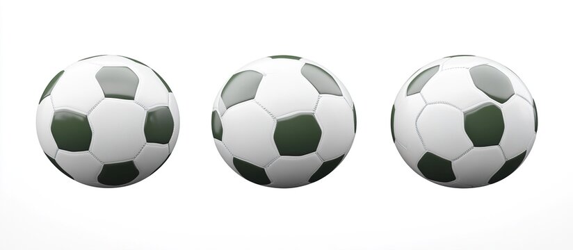 Three soccer balls are aligned in a row, displayed against a white background. The image features a closeup view of the balls, showcasing their details. 3D Rendering
