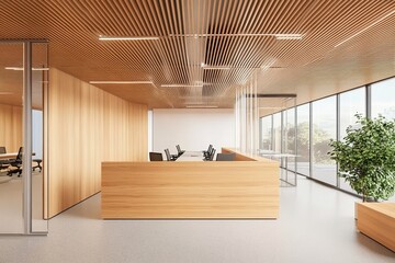 Modern office reception with wooden interior and glass meeting room. 3D Rendering