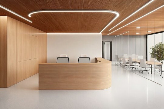 Modern office reception with wooden interior and glass meeting room. 3D Rendering