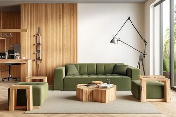 Modern living room with green sofa and wooden accents. 3D Rendering
