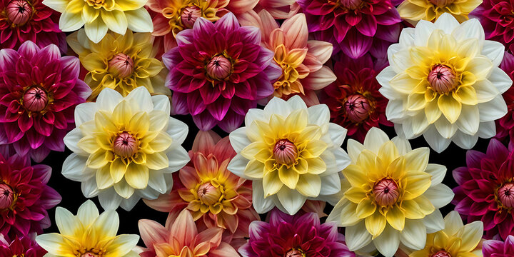 Transparent PNG available
A collection of real colourful dwarf dahlia flower heads isolated against white background for design elements.