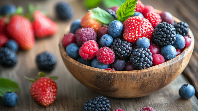 Assortment of fresh berries including strawberries, blackberries, blueberries and raspberries in a wooden bowl on wood table. Concept of antioxidants, organic food, health and seasonal freshness.