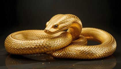 Fototapeta premium Title: Golden Snake with Metallic Scales Coiled Against a Dark Background