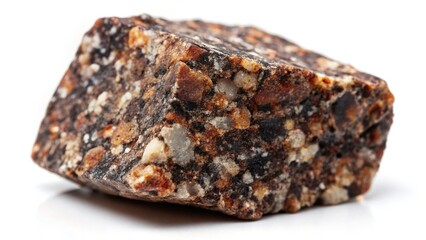 Dark Brown Granite Rock Specimen with Speckled Texture on White Background - Mineralogy Stock Photo