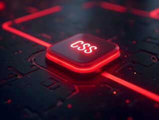 A close-up of a dark circuit board with a glowing "CSS" button, accented by red light streaks