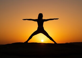 Fototapeta premium Silhouette Woman Yoga Pose Sunset Warm Light. AI Generated