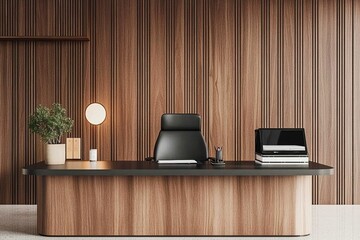 Modern office interior with wooden wall panels and sleek workspace. 3D Rendering