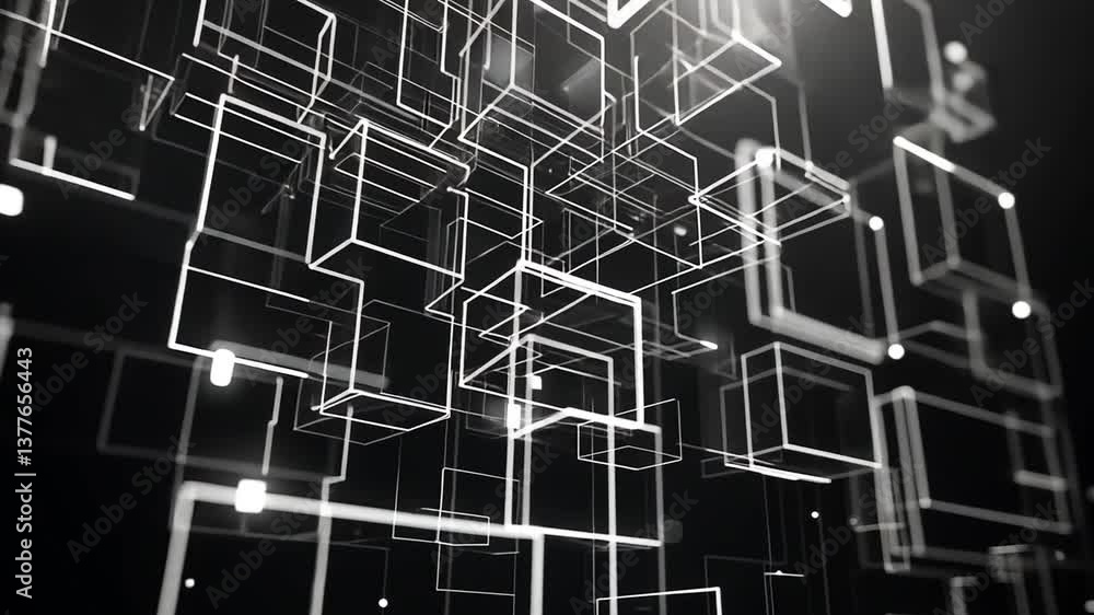 Aufkleber abstract illuminated white wireframe cubes floating in a dark digital space
