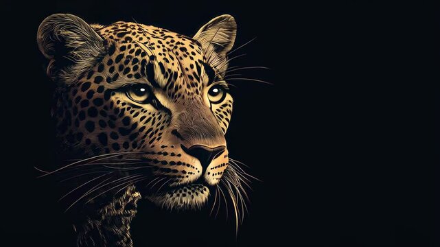 Majestic leopard portrait showcasing intricate details and vibrant colors against a dark background.