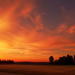 Fototapeta premium Fiery Sunset Over Rural Field and Trees
