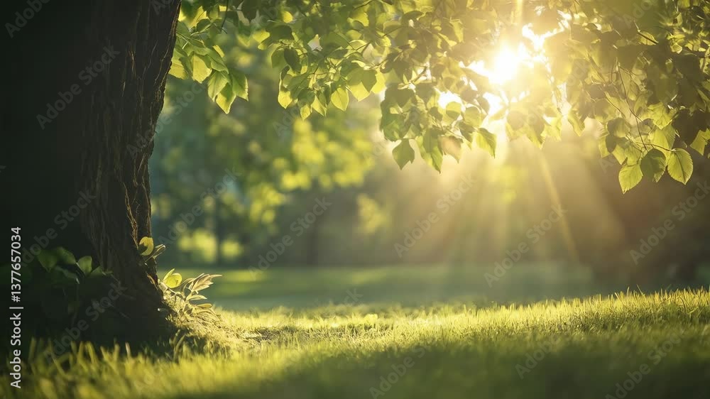 Poster sunlight filters through lush green leaves, creating an enchanting atmosphere in a tranquil park set