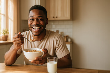 Smiling young african male enjoying healthy breakfast of cereal and milk in cozy kitchen