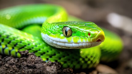 A vibrant green snake displays its striking scales as it rests on the earthy ground. The sunlight highlights its beautiful patterns, showcasing its keen eyes and unique features
