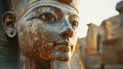 A detailed view of a weathered stone statue depicting a Pharaoh, with sunlight illuminating the features, set against ancient ruins in Egypt. The atmosphere evokes a sense of history and mystery