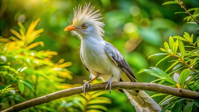 White Guira Bird (Anu-branco) Perched on Branch, Vibrant Nature Photography