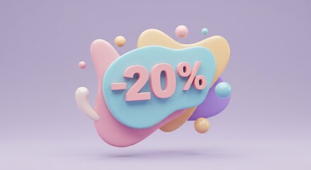 Pastel 3D Sale Banner Twenty Percent Off. AI Generated