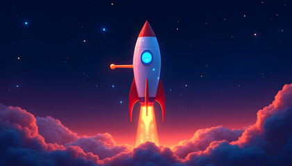  Space Exploration Mission: Image of a rocket icon with bright colors and details (windows, lights) against a starry sky, keeping the overall leyout minimalistic.