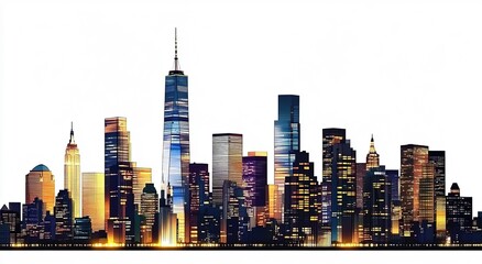 New York City skyline at night with illuminated skyscrapers on an isolated white background. Concept of cityscape and urban design template