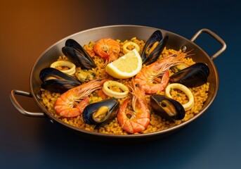 
"Delicious Seafood Paella with Shrimp, Mussels, Squid, and Lemon, Representing Mediterranean Cuisine, Seafood Dish, and Flavorful Spanish Meal