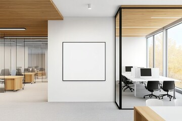 Modern office interior with blank poster on white wall. 3D Rendering