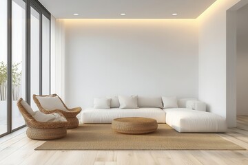 Serene interior with white sofa wicker chairs and round table on rug in a bright modern living room